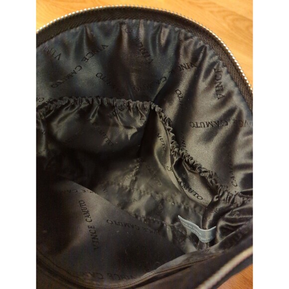 Vince Camuto Cosmetic Makeup Bag Black Velvet Gold Micro Studs Zip Pom Pom - Picture 7 of 11